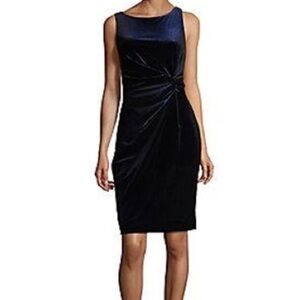 Calvin Klein black dress 14 velvet sheath cocktail midi v back twist front